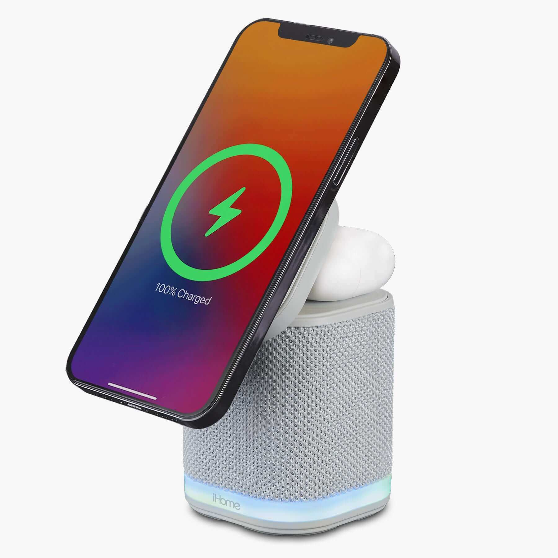 Bluetooth Speaker with Wireless Charger and Color Changing Night Light – Light Gray (iPBT50G) - Image 3
