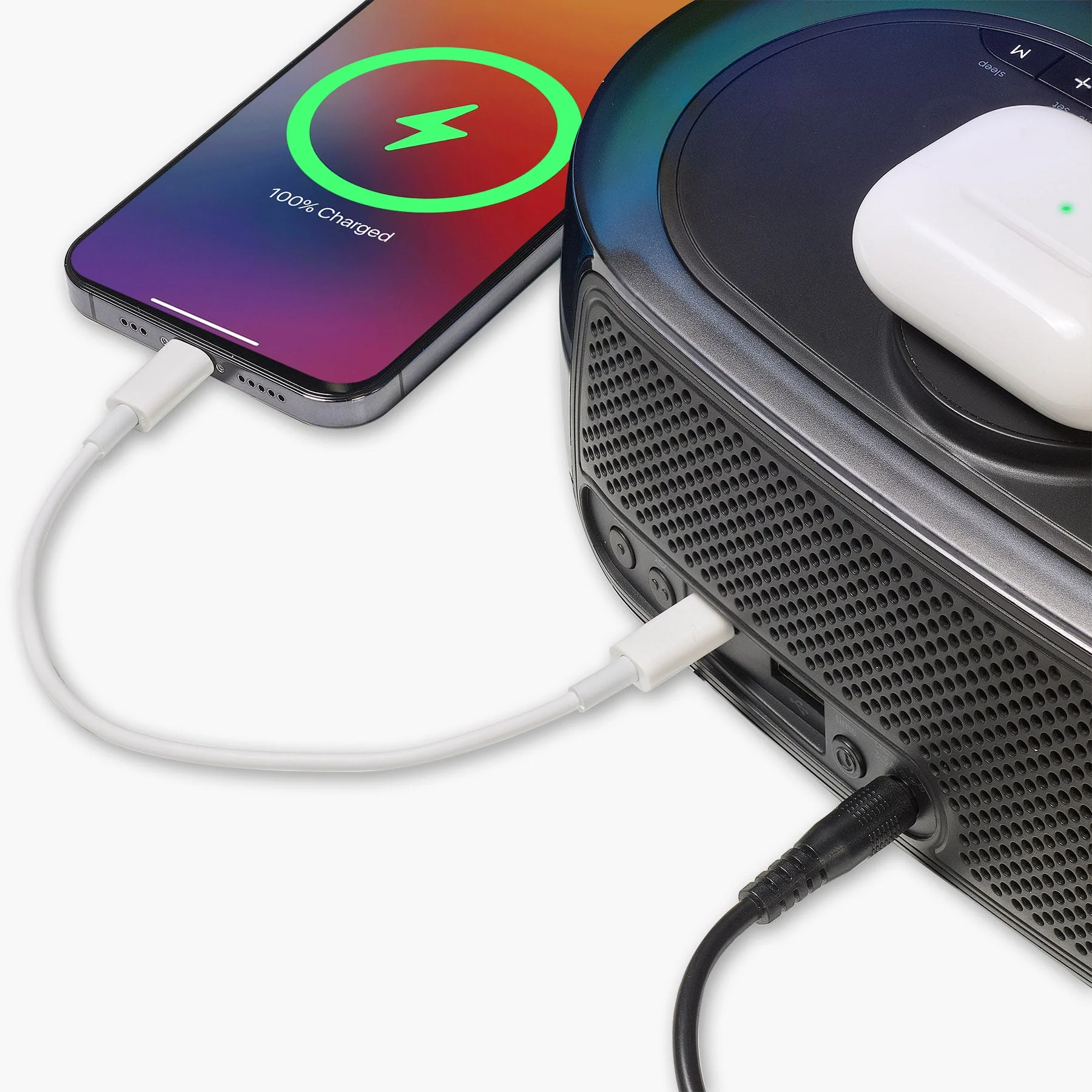 Clock Radio with Wireless Charger, Bluetooth Speaker, and 2 USB Chargers (iBTW282) - Image 3