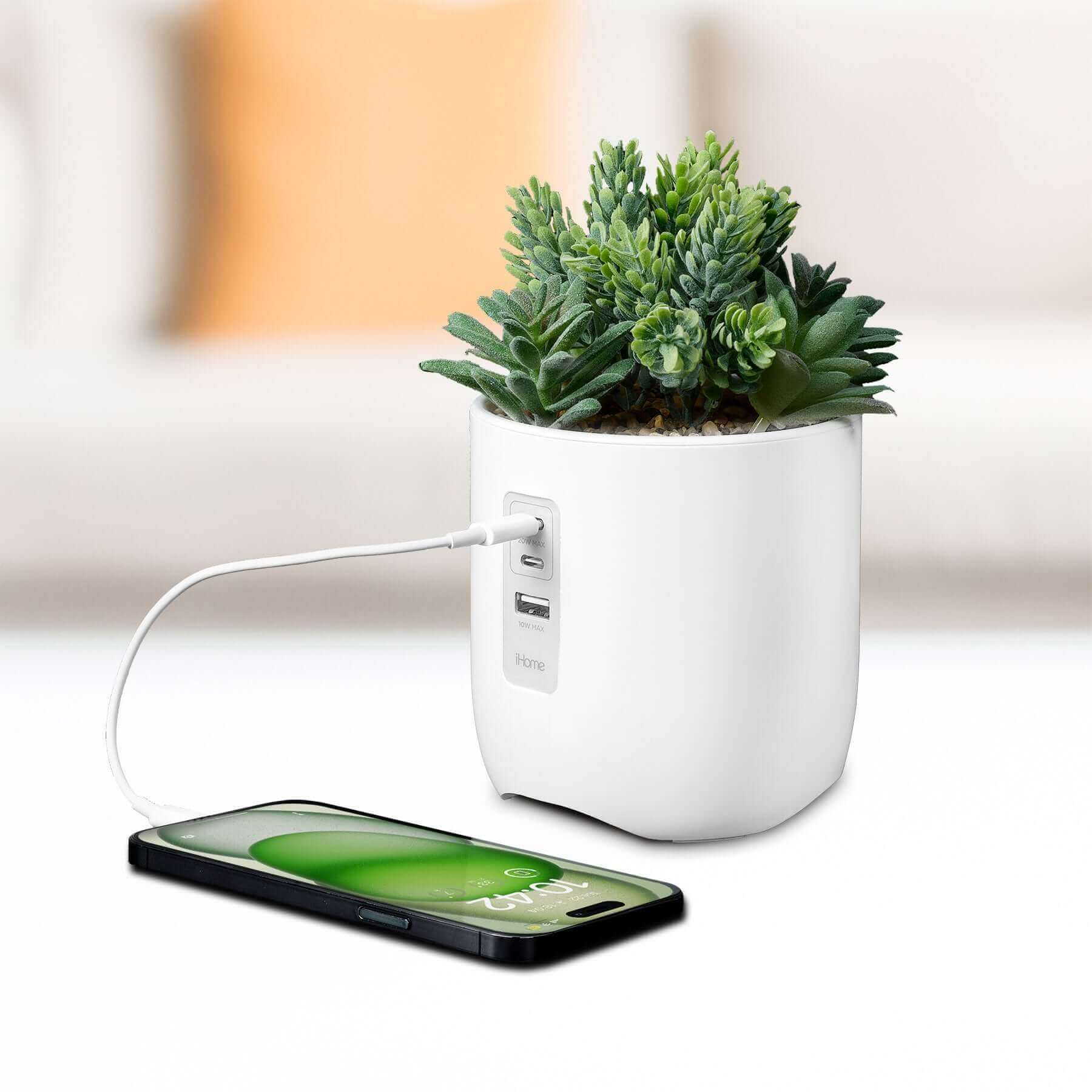 Power Plant Faux Succulent with USB Charging Station for iPhone, Android, and Samsung – White (iPP45) - Image 3