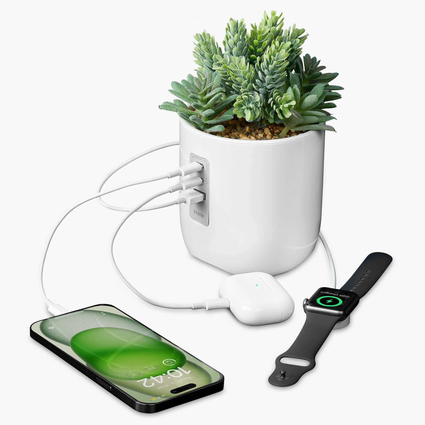 Power Plant Faux Succulent with USB Charging Station for iPhone, Android, and Samsung – White (iPP45) - Image 5