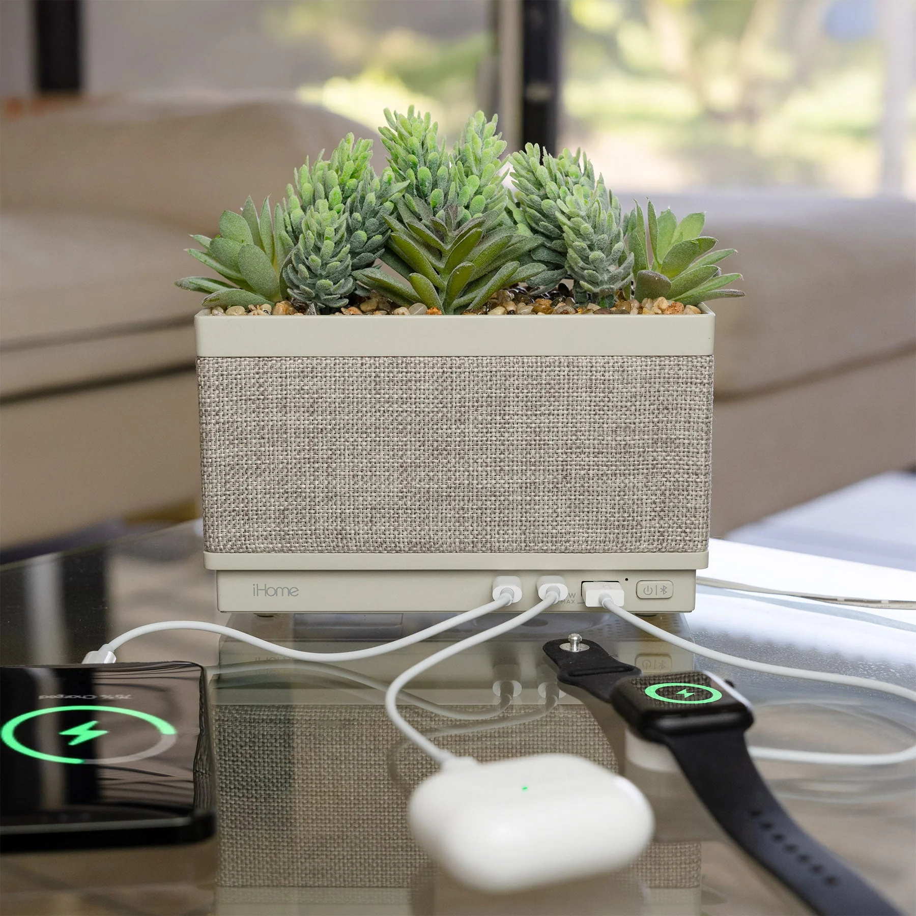 Power Plant Faux Succulent with USB Charging Station and Bluetooth Speaker – Beige (iPP60) - Image 4