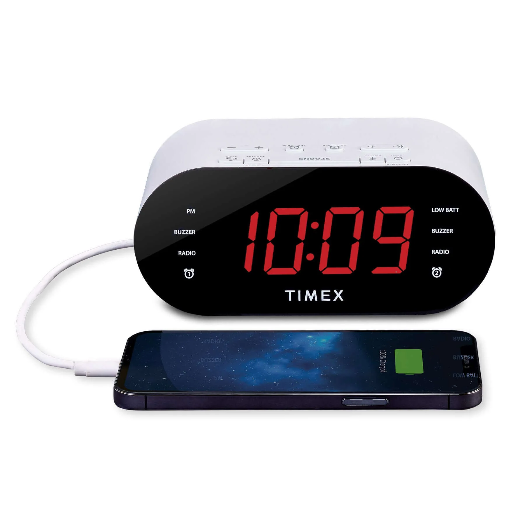Timex Alarm Clock for Bedroom with FM Radio and USB Charging - White (T232W) - Image 3