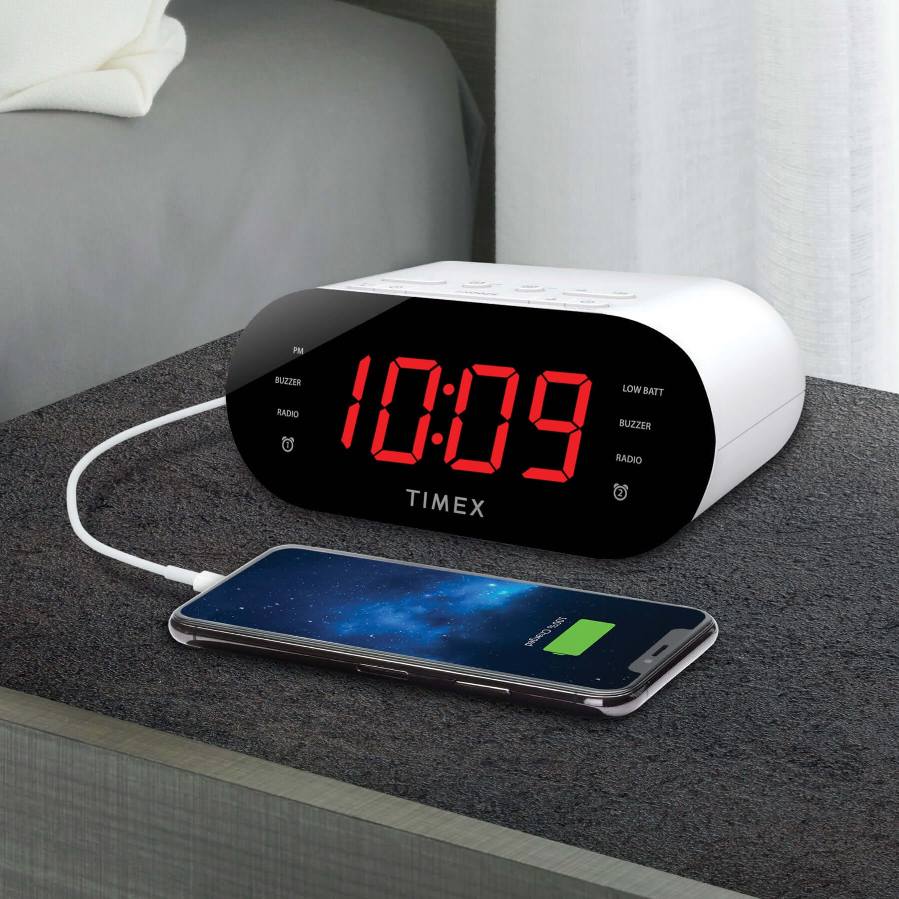 Timex Alarm Clock for Bedroom with FM Radio and USB Charging - White (T232W) - Image 5