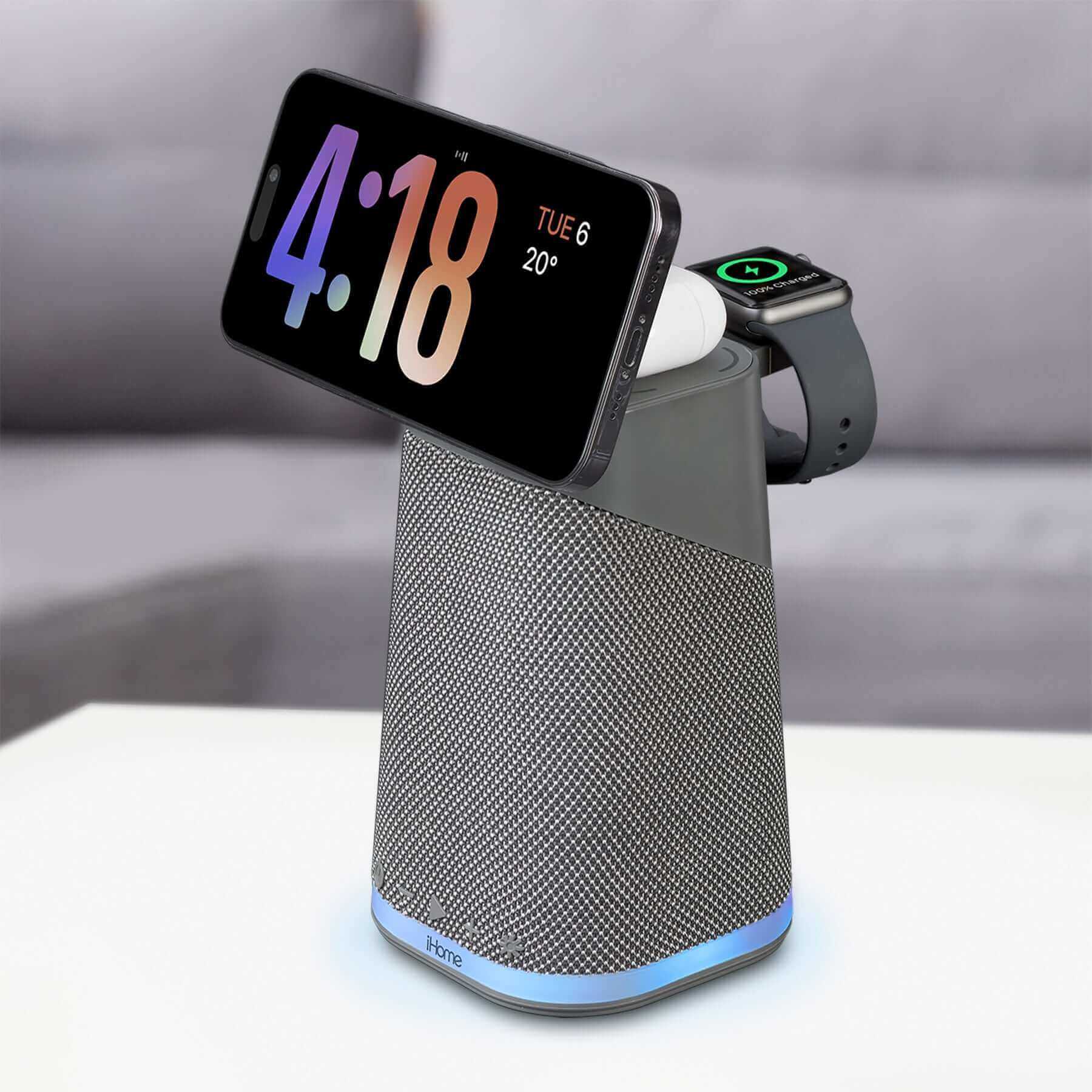 Wireless Charger with Apple Watch Charger, AirPods Charger, Bluetooth Speaker, and Night Light – Dark Grey (iPBT70DG) - Image 6